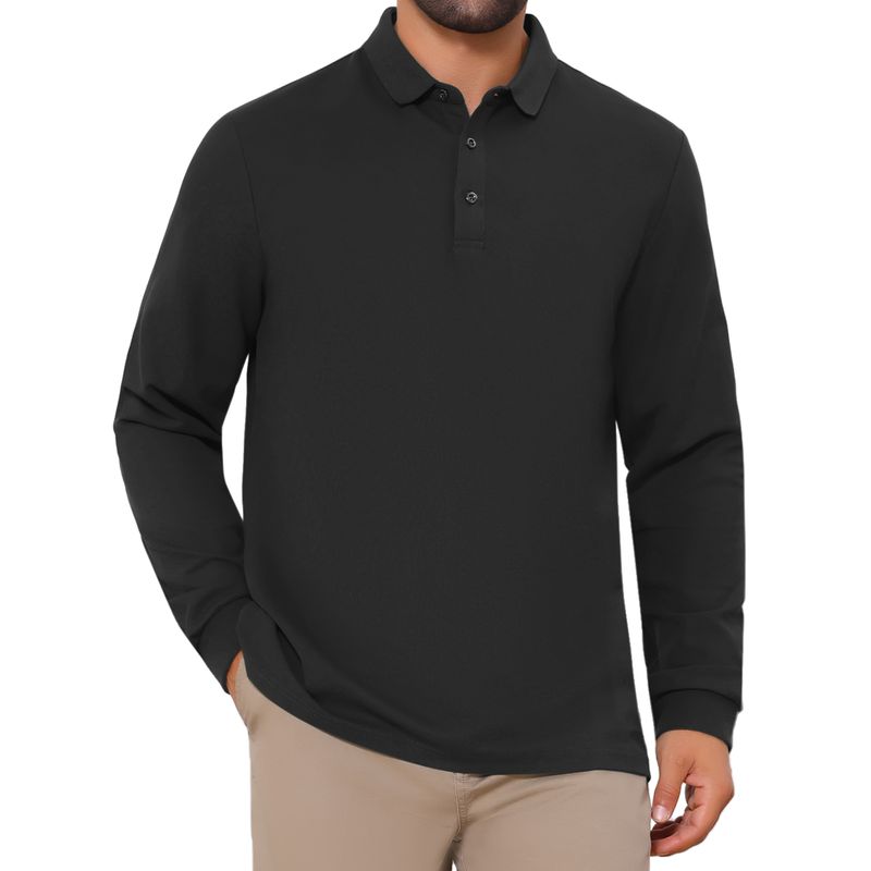 Classic Solid Color Long Sleeves Basic Golf Polo TShirts Black